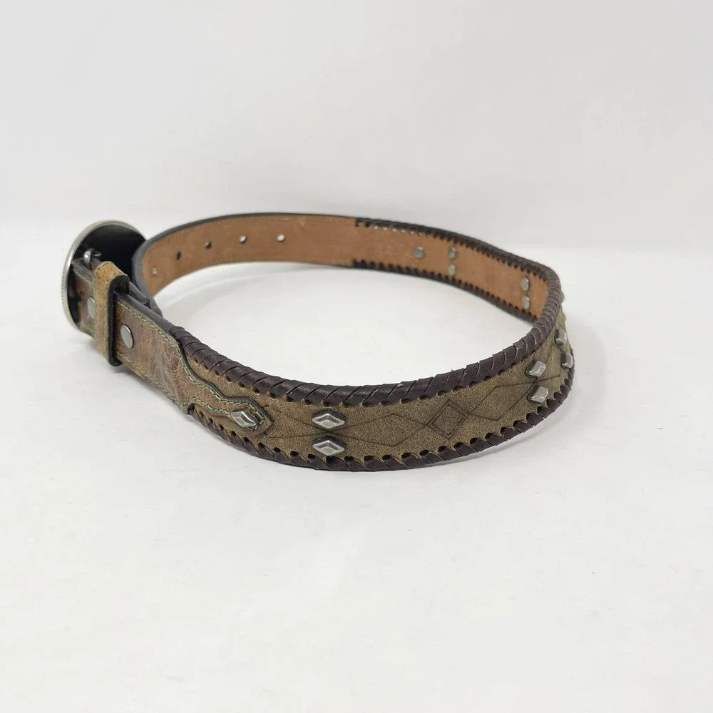 Hooey Western Belt‎ Youth Boys 24 Brown Leather Silver Buckle Green Stitch Rodeo